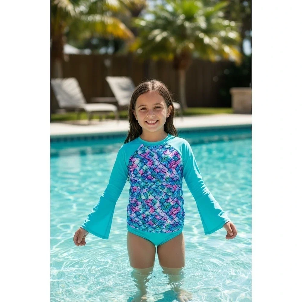 Grace Karin Girls Rash Guard Swim Top Size 14 Mermaid Scales Long Sleeve UPF 50+